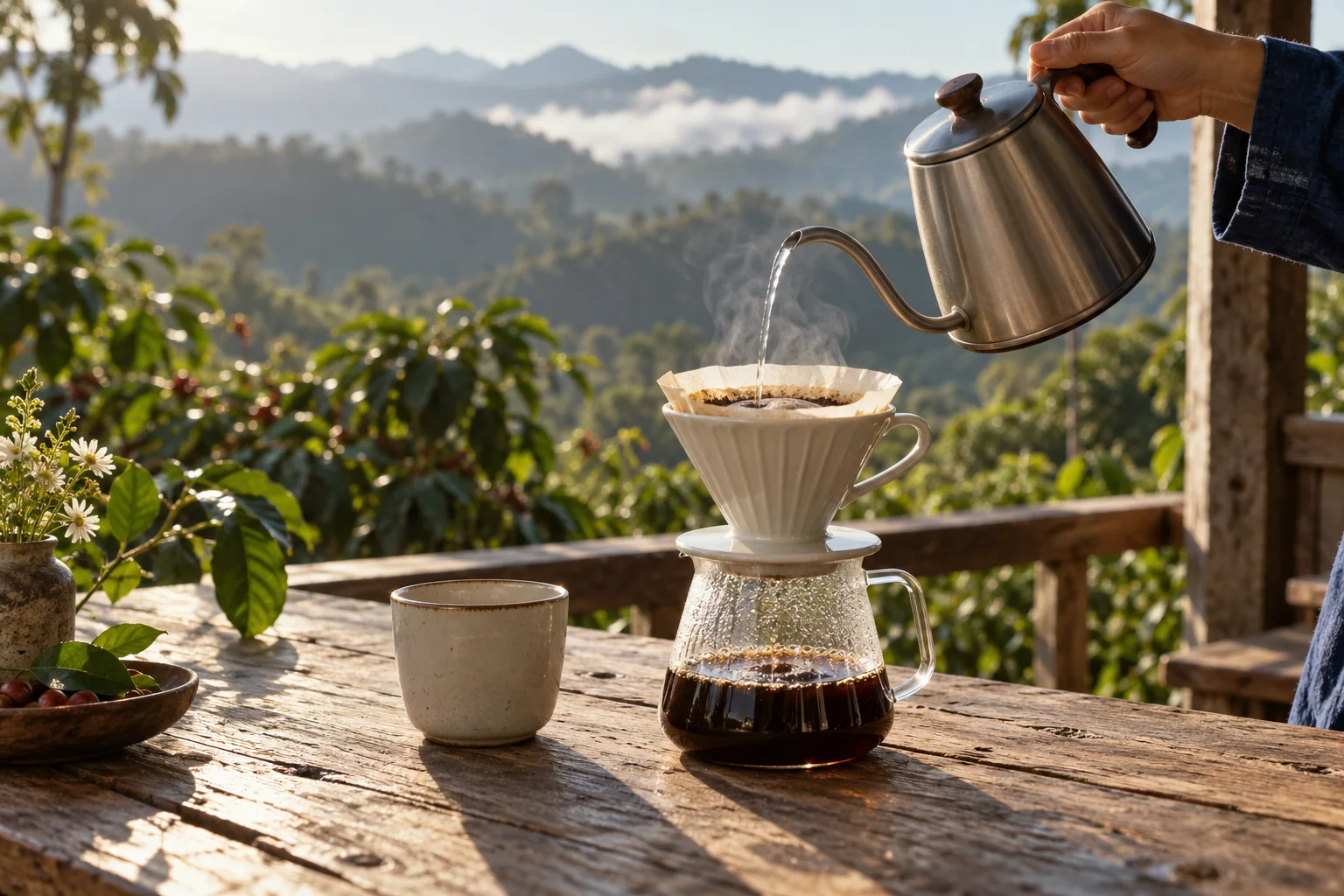 ภาพประกอบ AI การดริปกาแฟบนระเบียง