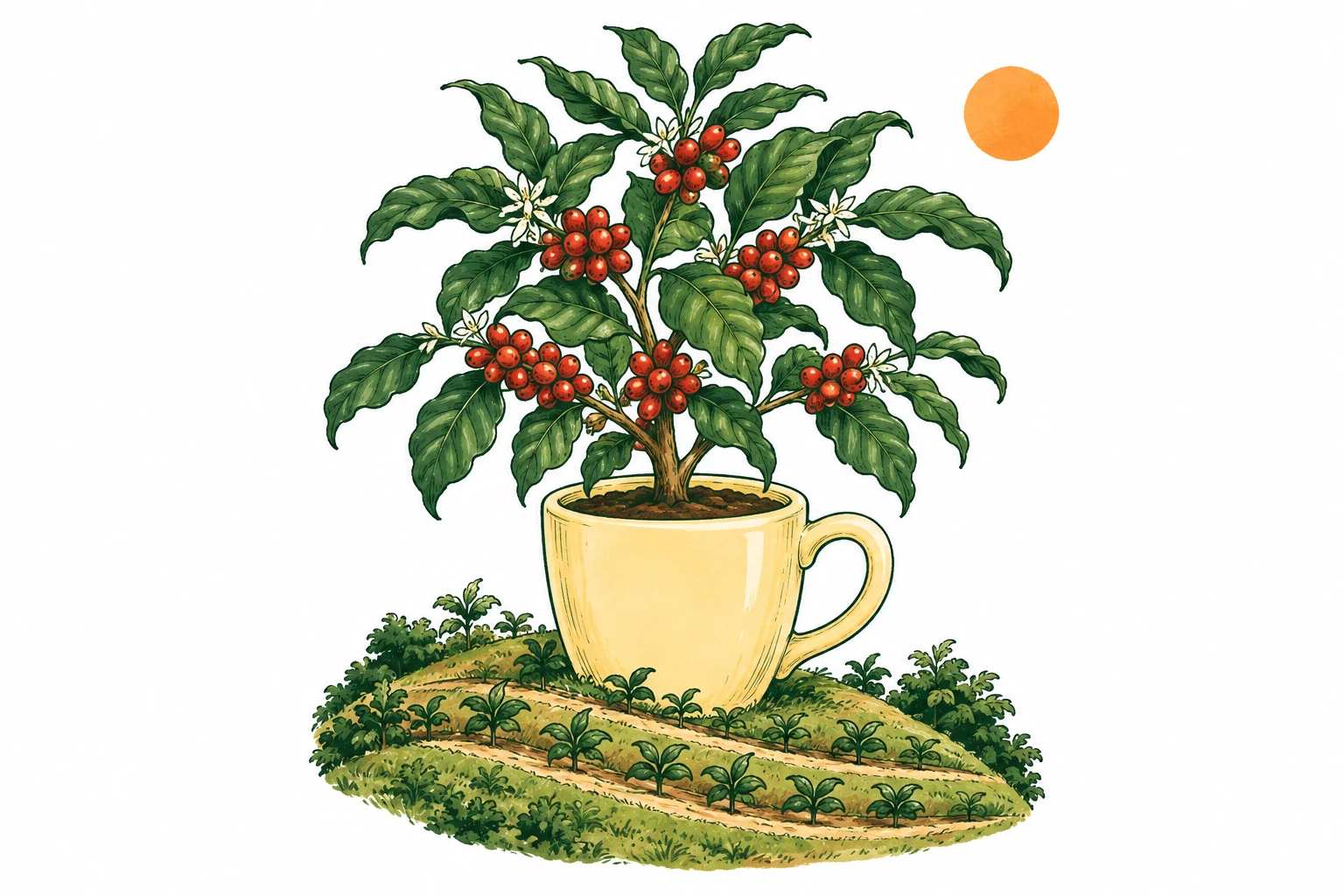 ภาพวาดต้นกาแฟงอกจากแก้วบนรูปทรงสวนขั้นบันได